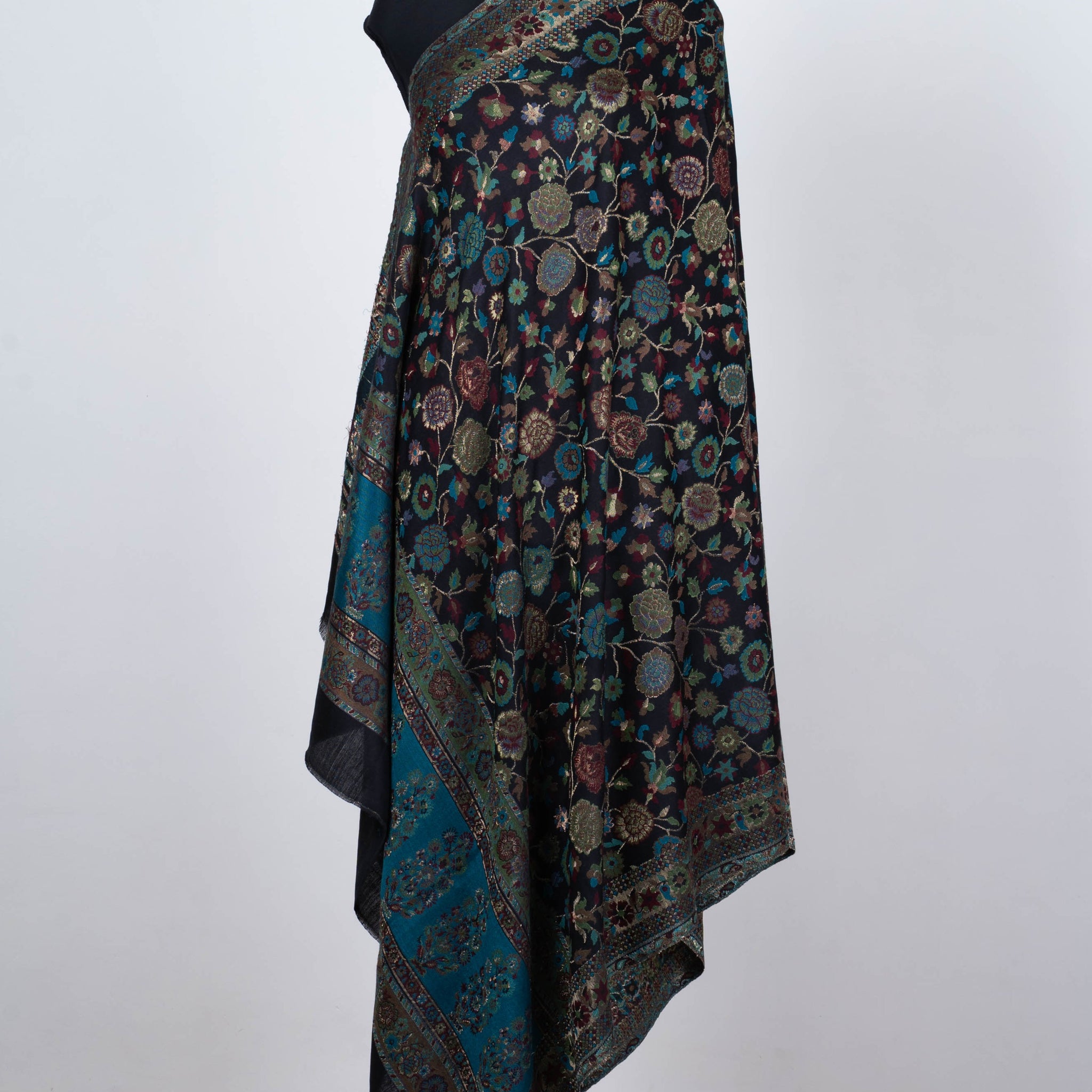 Floral Embroidered summer kani Shawl in Midnight Black