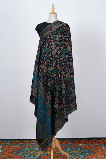 Floral Embroidered summer kani Shawl in Midnight Black