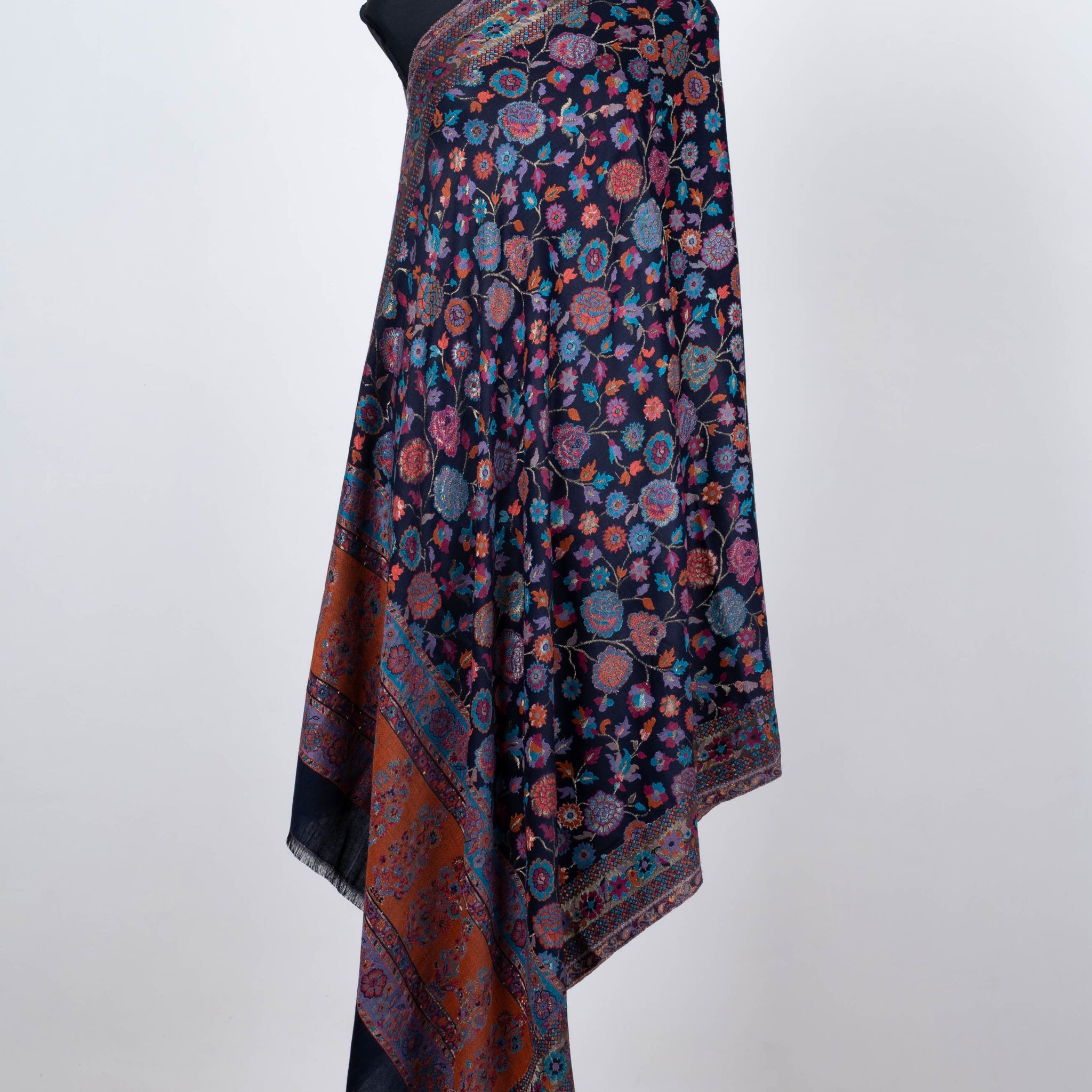 Navy summer kani Shawl with Vibrant Floral Patterns