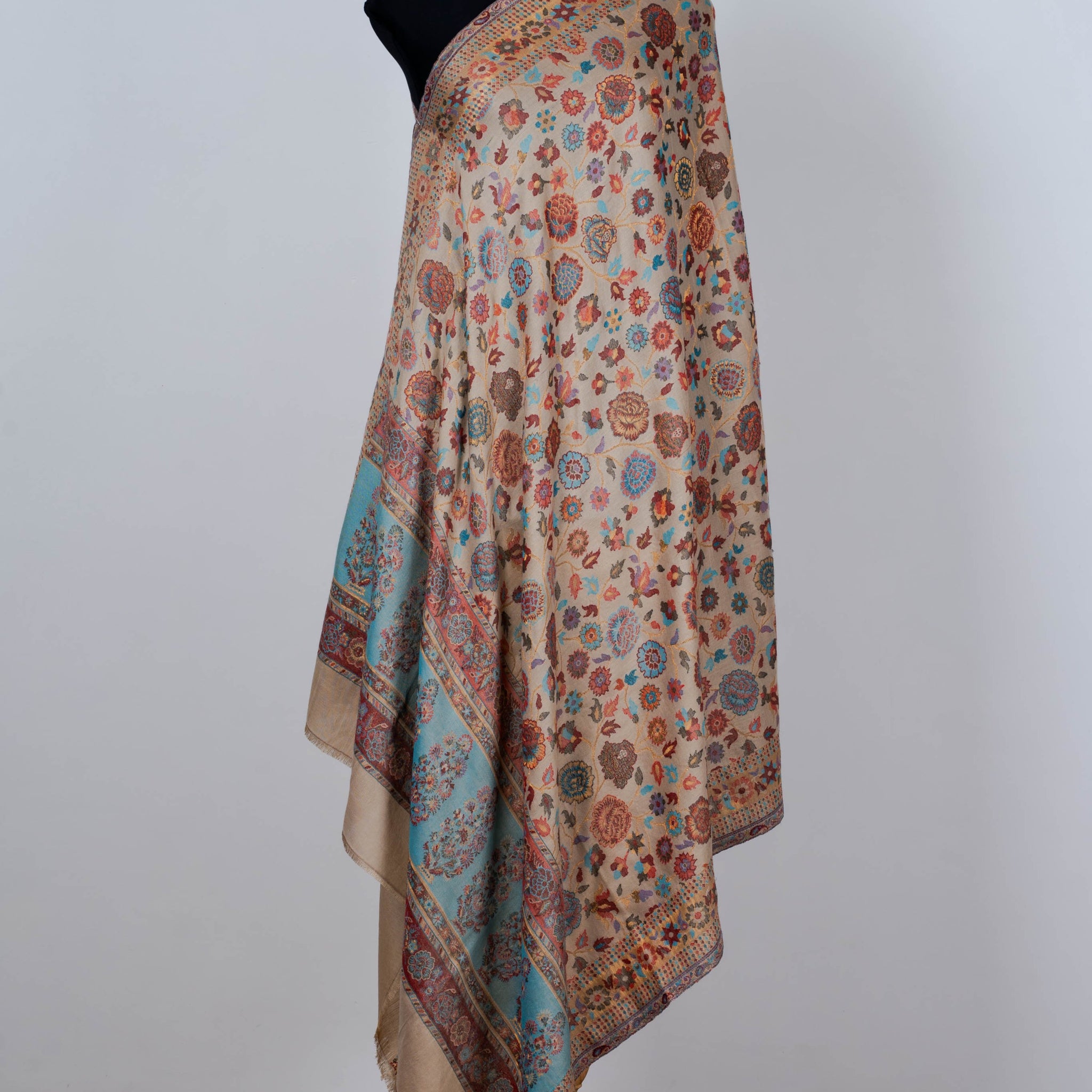 Beige Kani summer Shawl with Delicate Floral Motifs