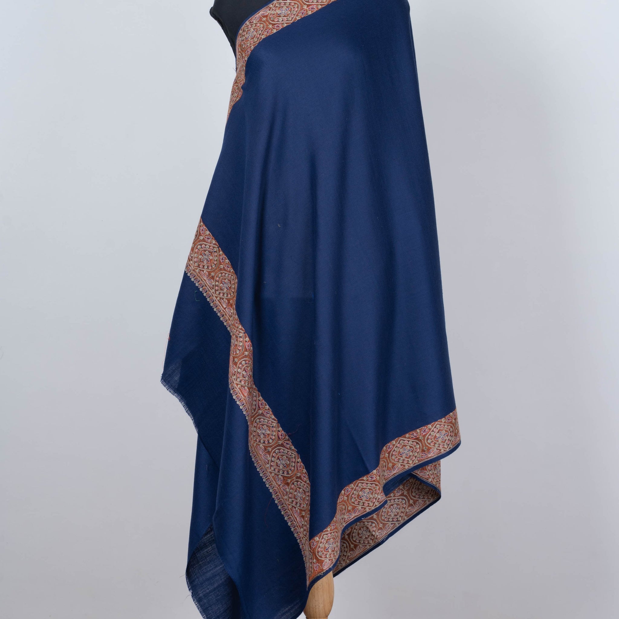 Royal Blue Wool Shawl with Traditional Paisley Borders