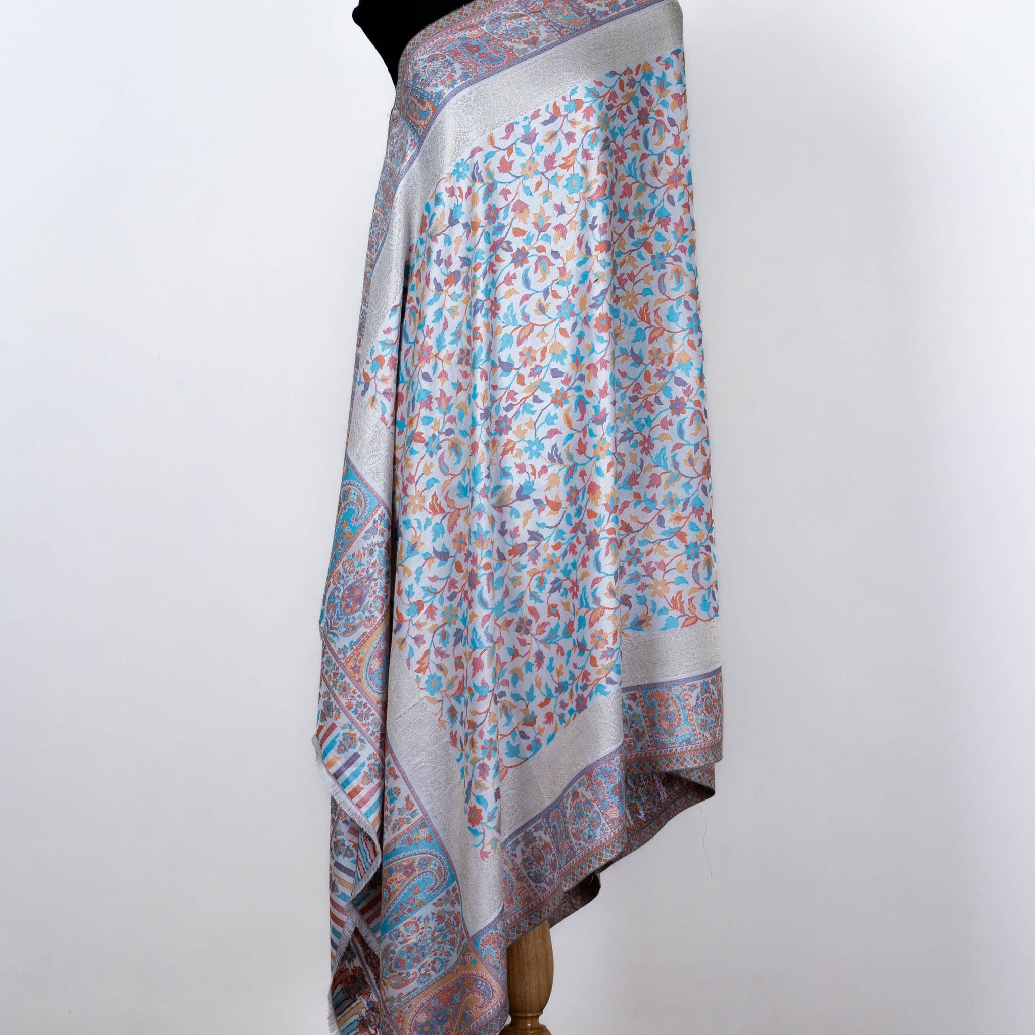 Kani Weave White Grey Summer Shawl with Pastel Floral Designs