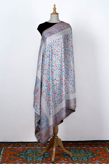 Kani Weave White Grey Summer Shawl with Pastel Floral Designs