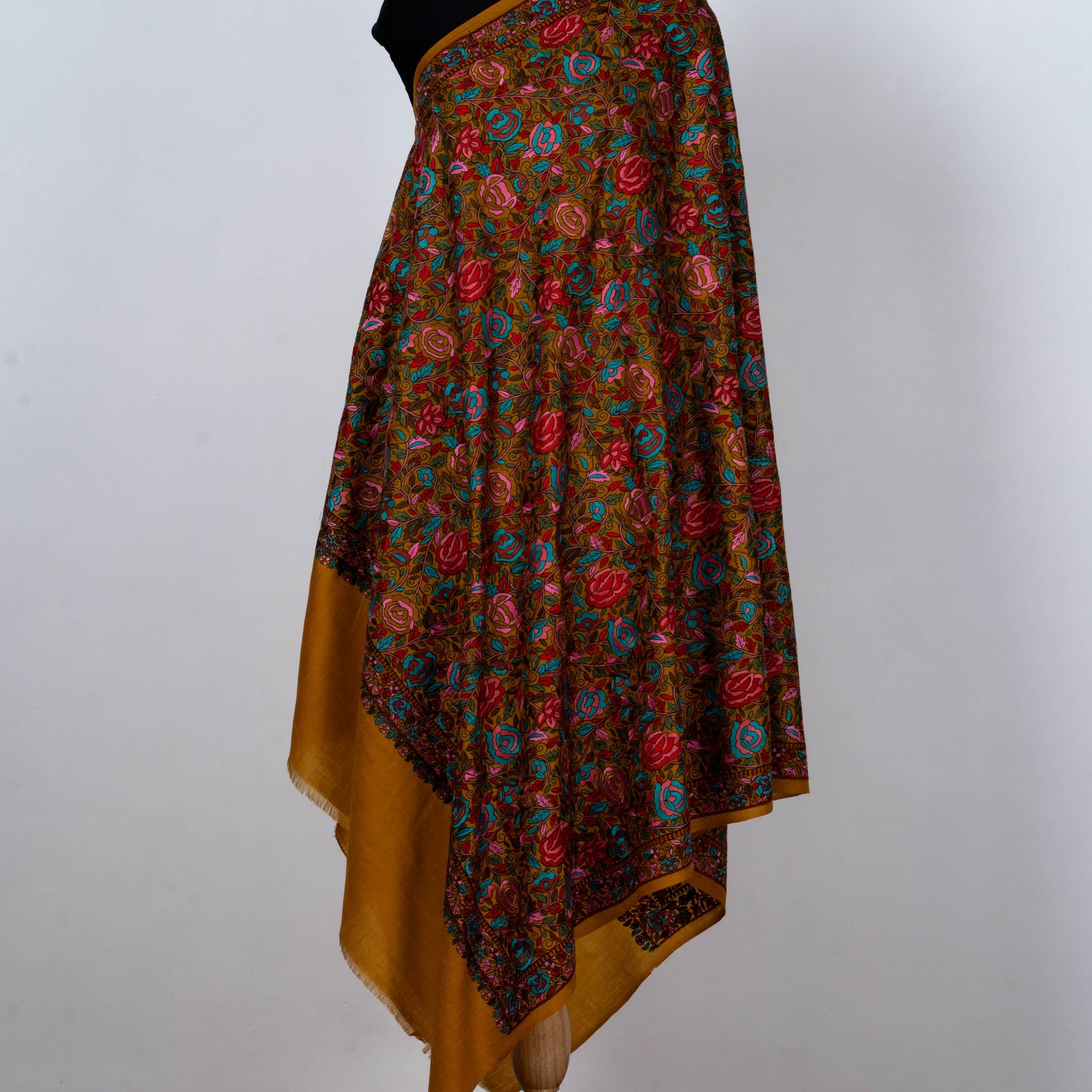 Mustard Wool Shawl with Vibrant Floral Design