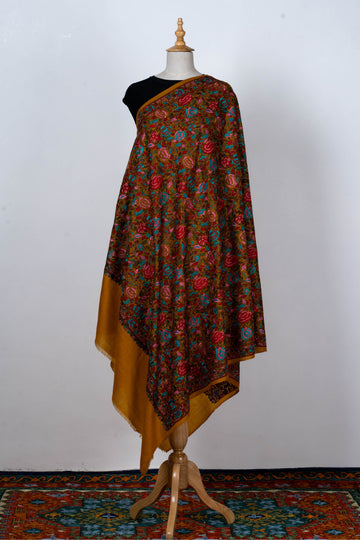 Mustard Wool Shawl with Vibrant Floral Design