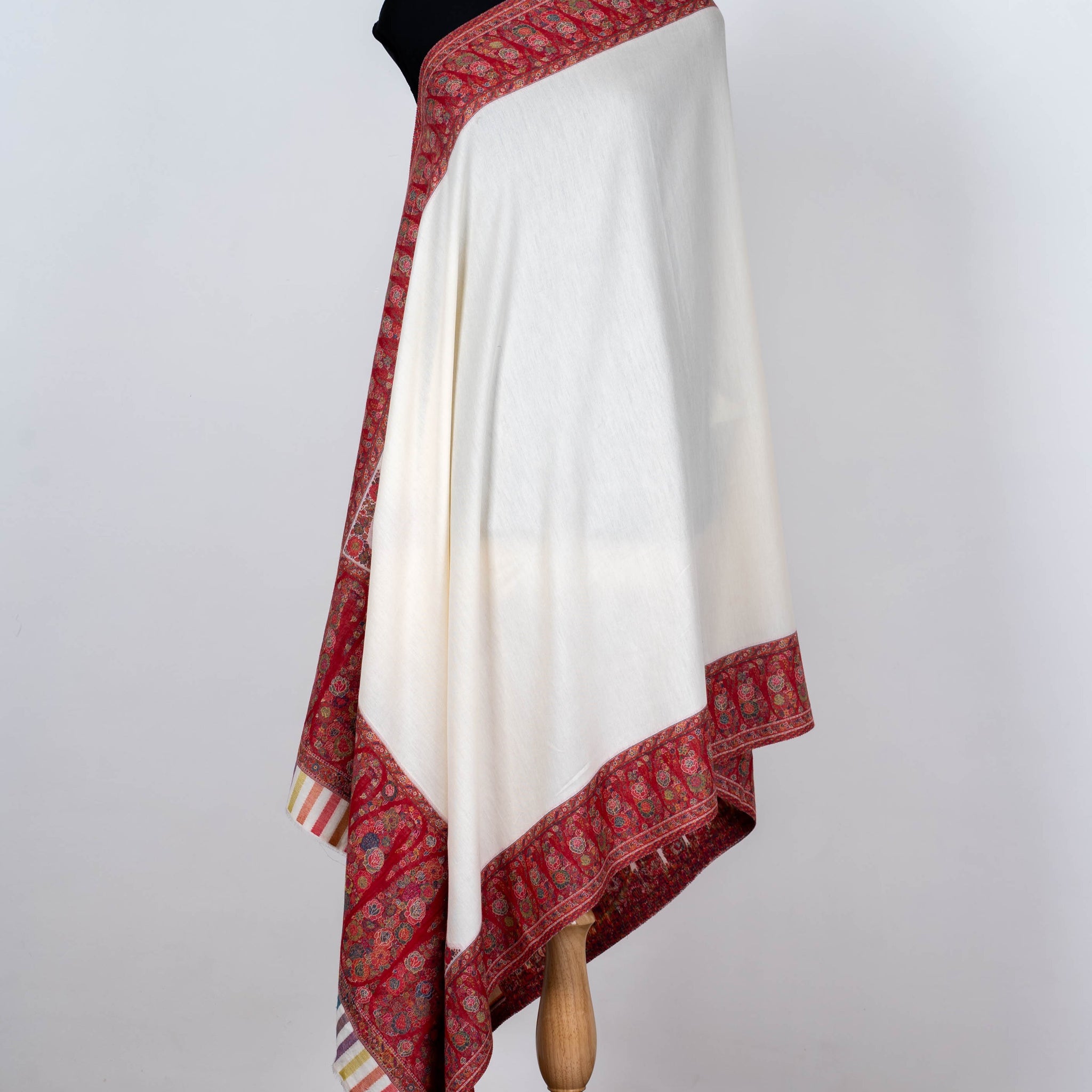 Ivory Wool Shawl with Classic Red Borders