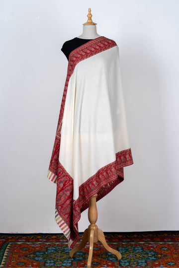 Ivory Wool Shawl with Classic Red Borders