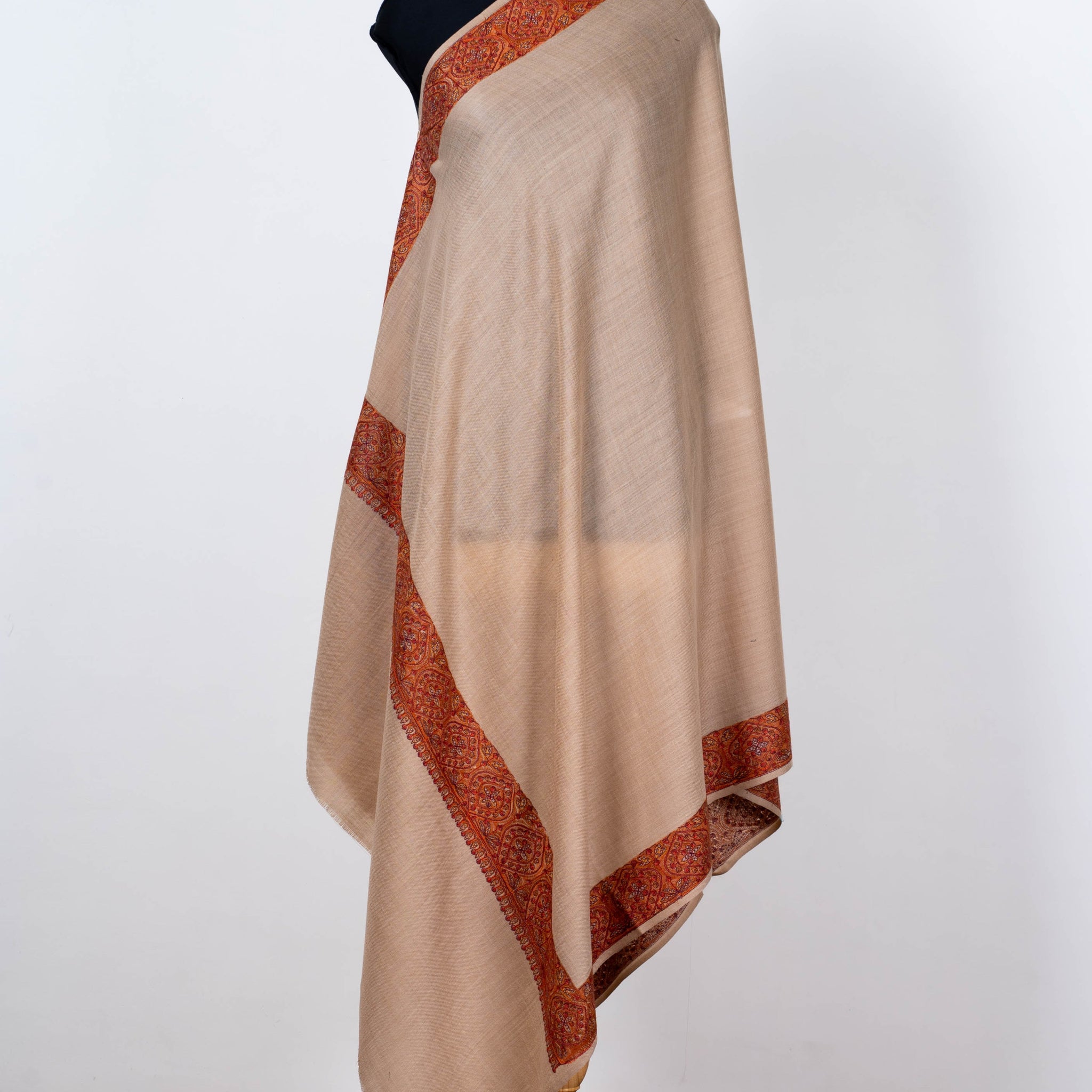 Beige Wool Shawl with Ornate Paisley Borders