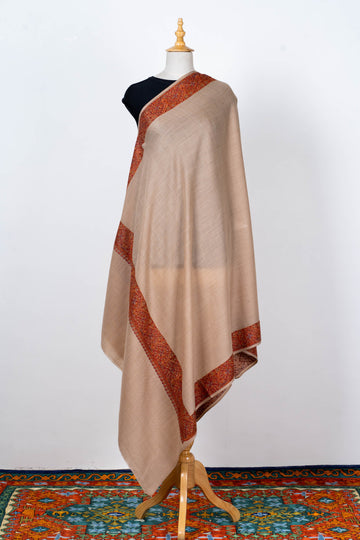 Beige Wool Shawl with Ornate Paisley Borders