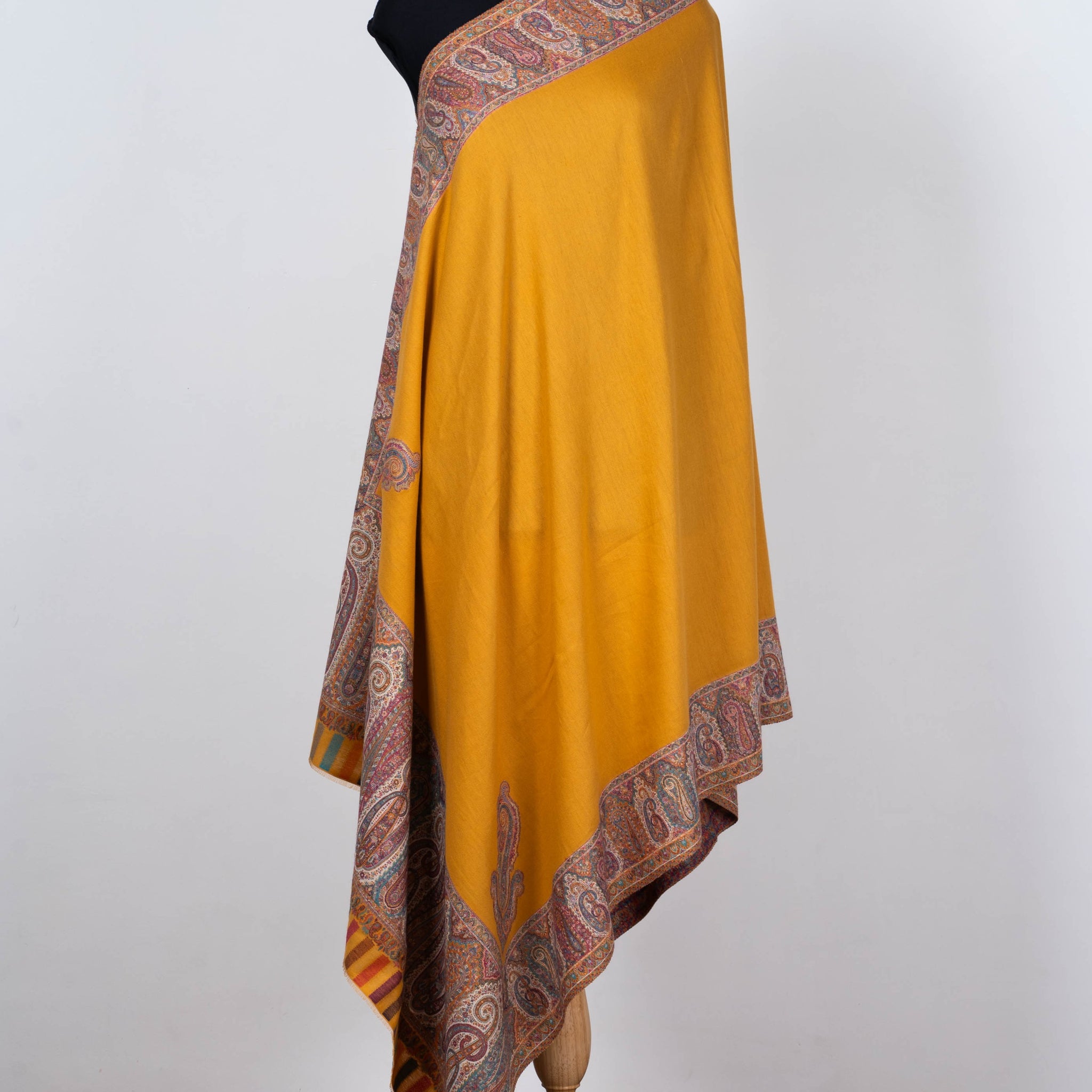 Mustard Wool Shawl with Ornate Paisley Kani Borders