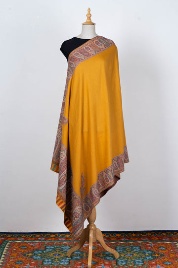 Mustard Wool Shawl with Ornate Paisley Kani Borders