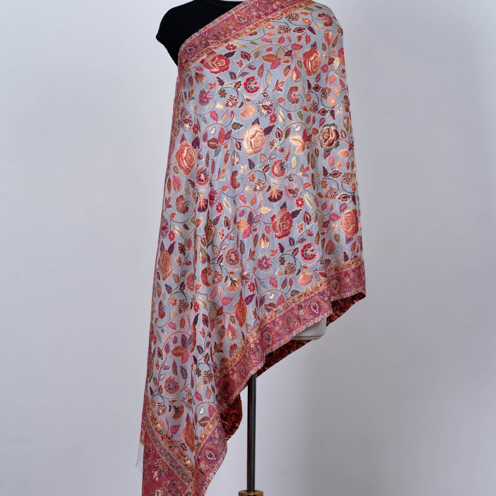 Silver Grey Silky Dupatta with Soft Rose Embroidery