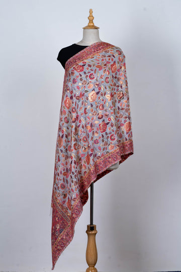 Silver Grey Silky Dupatta with Soft Rose Embroidery