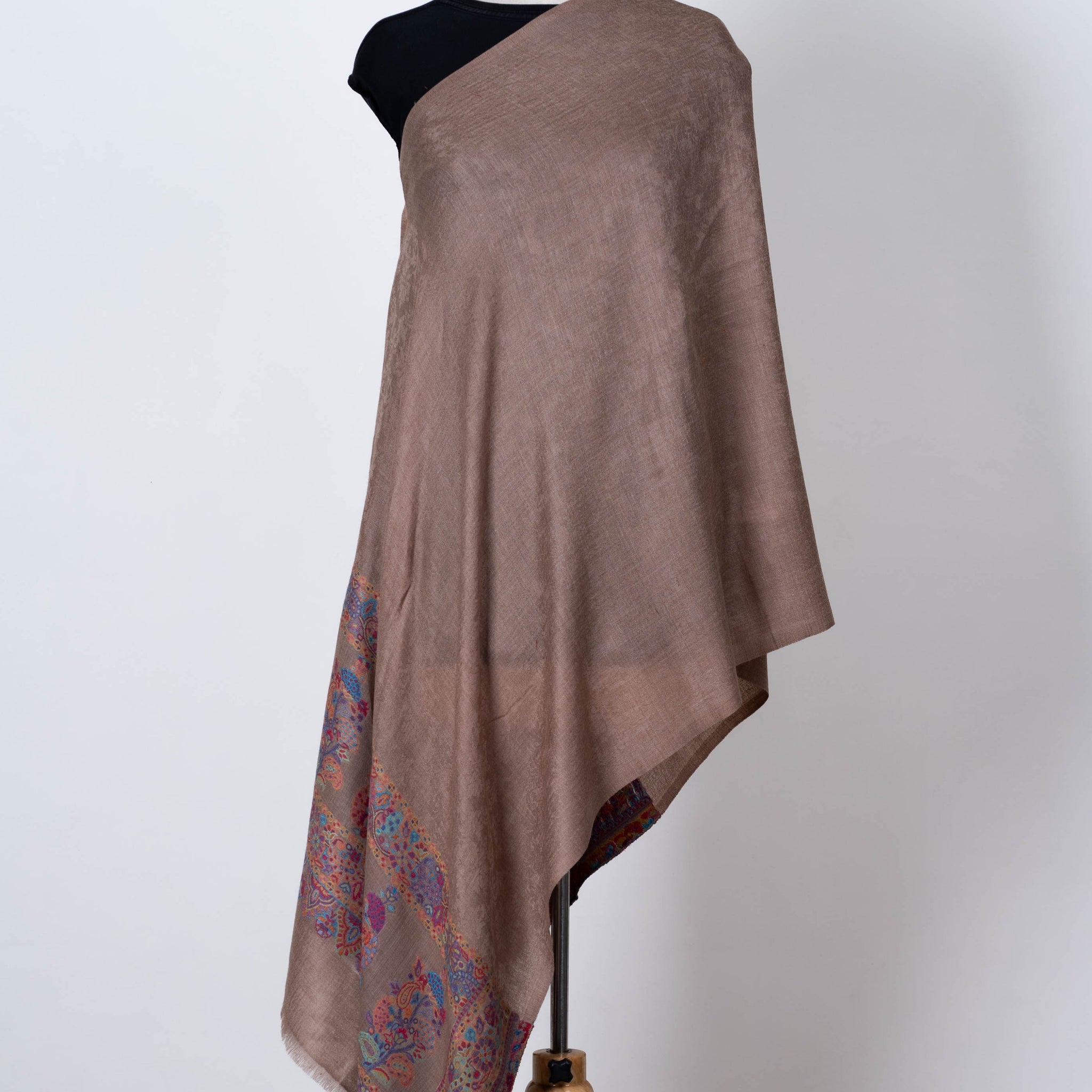 Coffee Brown Wool Dupatta with Subtle Embroidered Borders