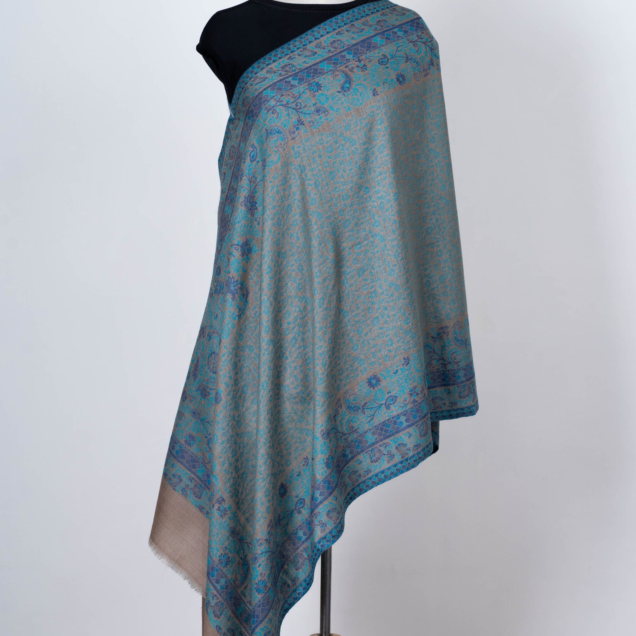 Teal and Beige Wool Dupatta with Heritage-Inspired Patterns