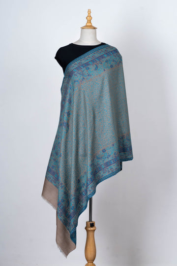 Teal and Beige Wool Dupatta with Heritage-Inspired Patterns