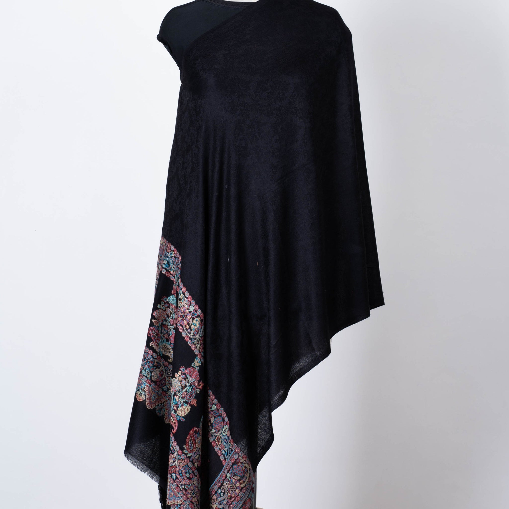 Black Wool Dupatta with Ornate Embroidered Accents