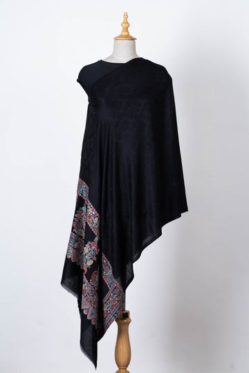 Black Wool Dupatta with Ornate Embroidered Accents