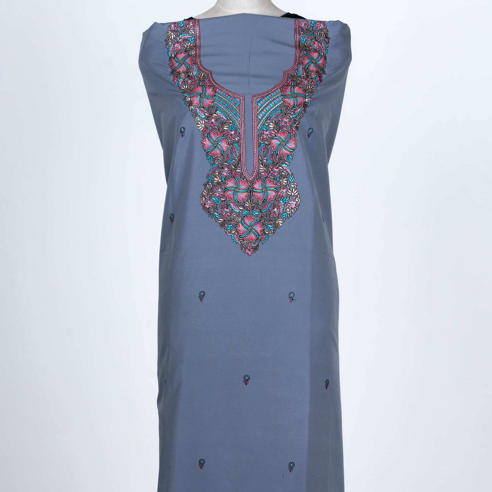 Slate Blue Cotton 2-Piece Suit with Embroidered Neckline