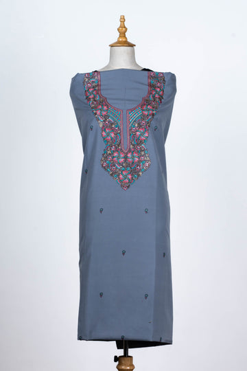 Slate Blue Cotton 2-Piece Suit with Embroidered Neckline