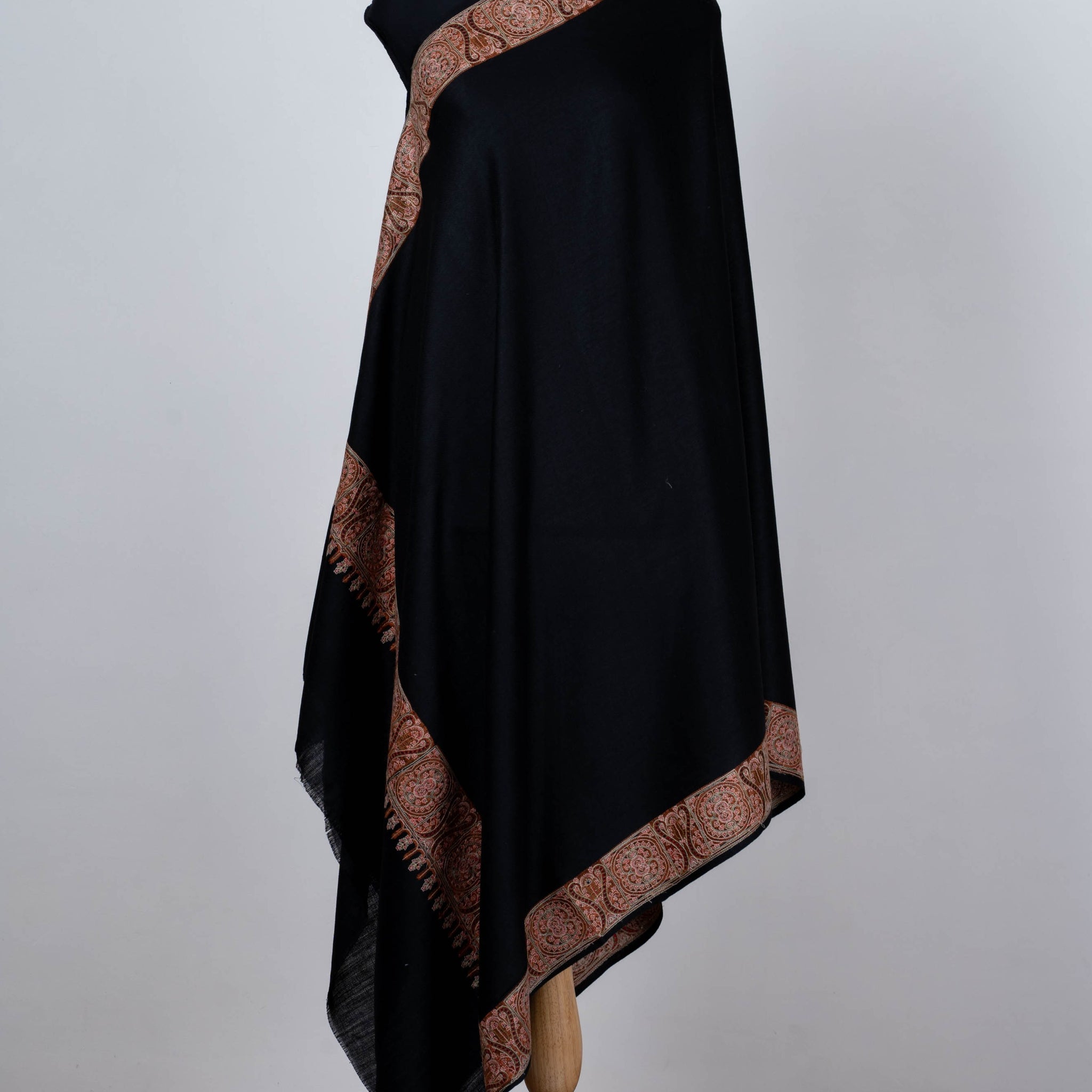 Black Wool Shawl with Traditional Paisley Borders