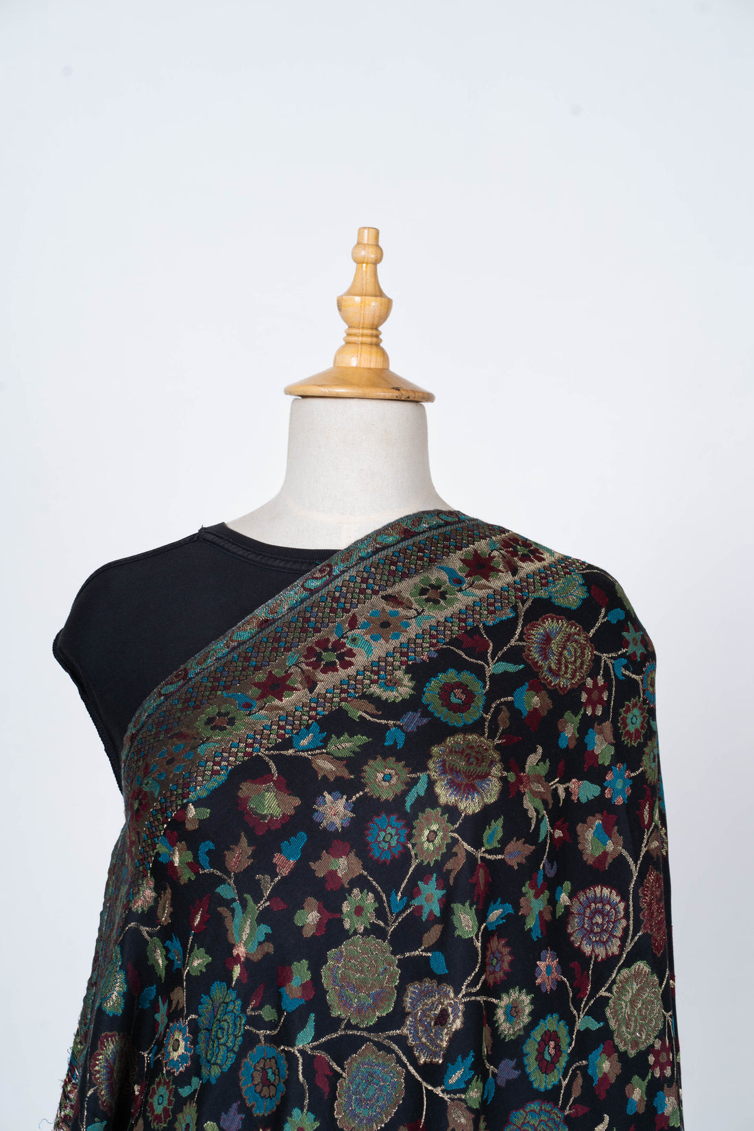 Floral Embroidered summer kani Shawl in Midnight Black