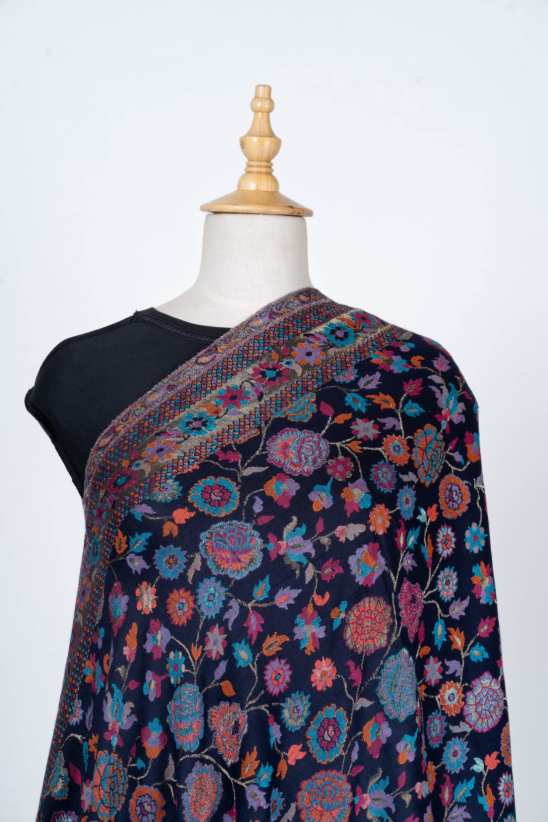 Navy summer kani Shawl with Vibrant Floral Patterns