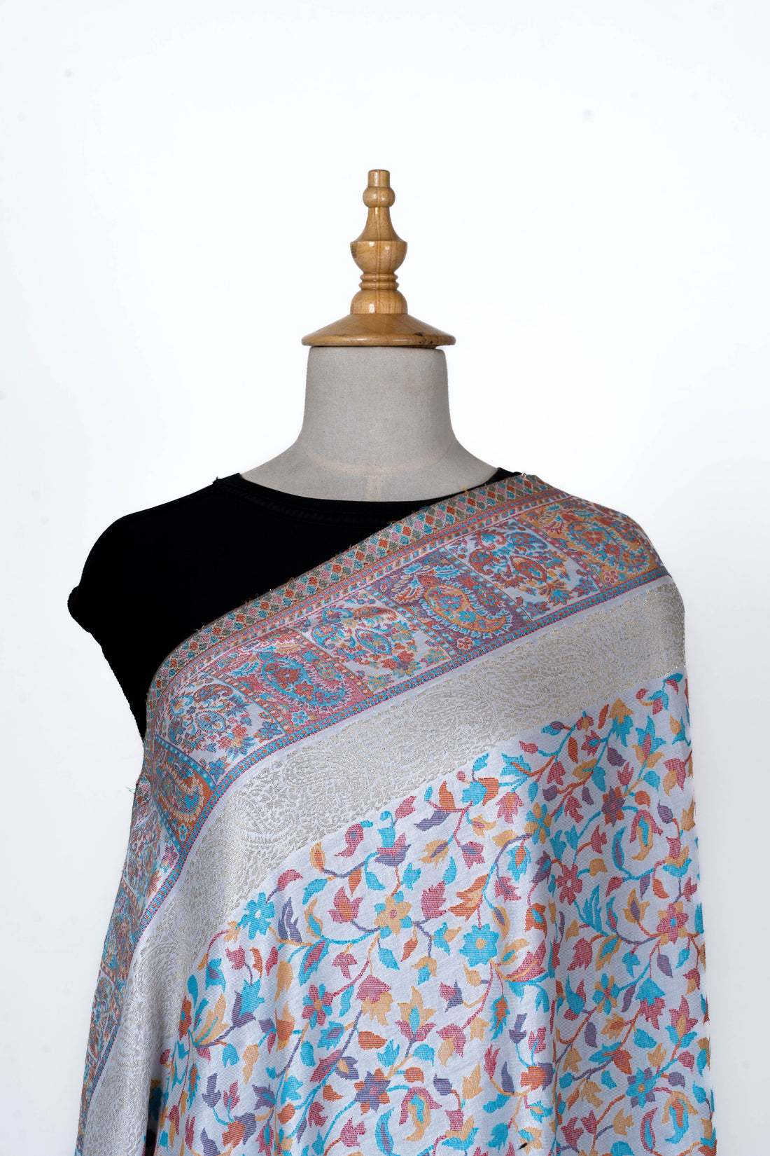 Kani Weave White Grey Summer Shawl with Pastel Floral Designs