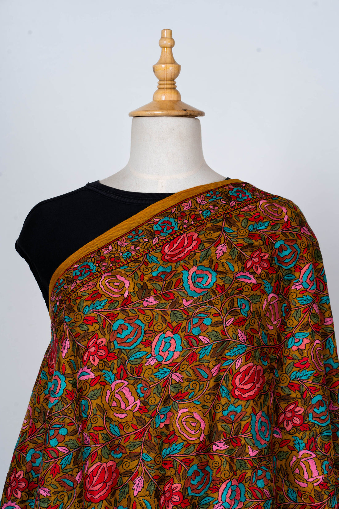 Mustard Wool Shawl with Vibrant Floral Design