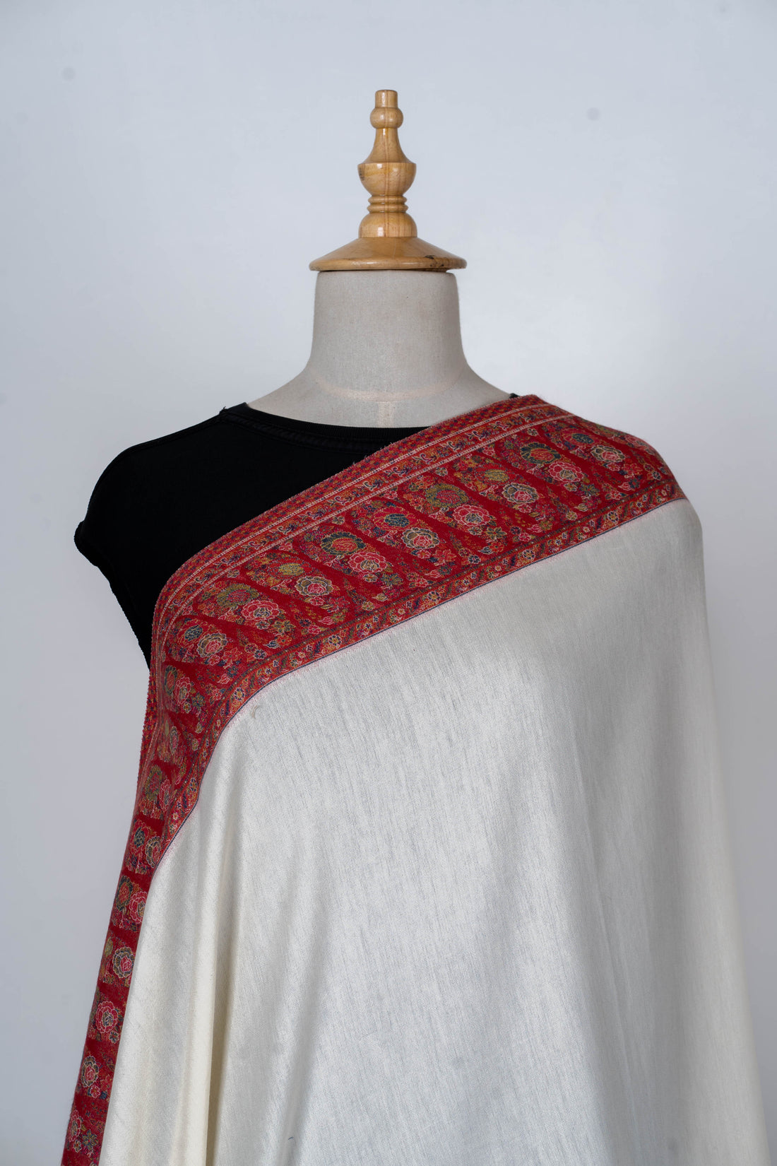 Ivory Wool Shawl with Classic Red Borders