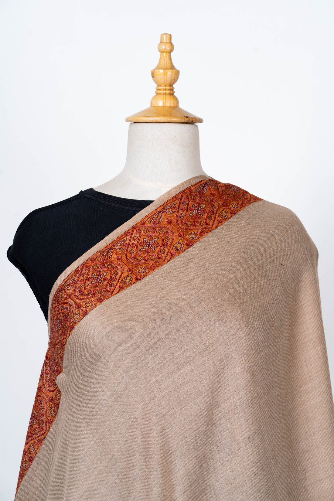 Beige Wool Shawl with Ornate Paisley Borders