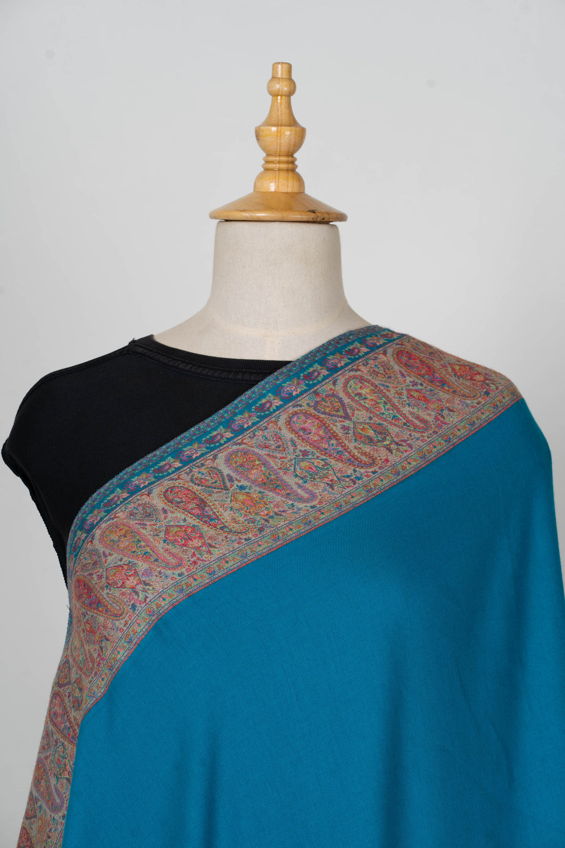 Teal Wool Shawl with Kani Weave Borders