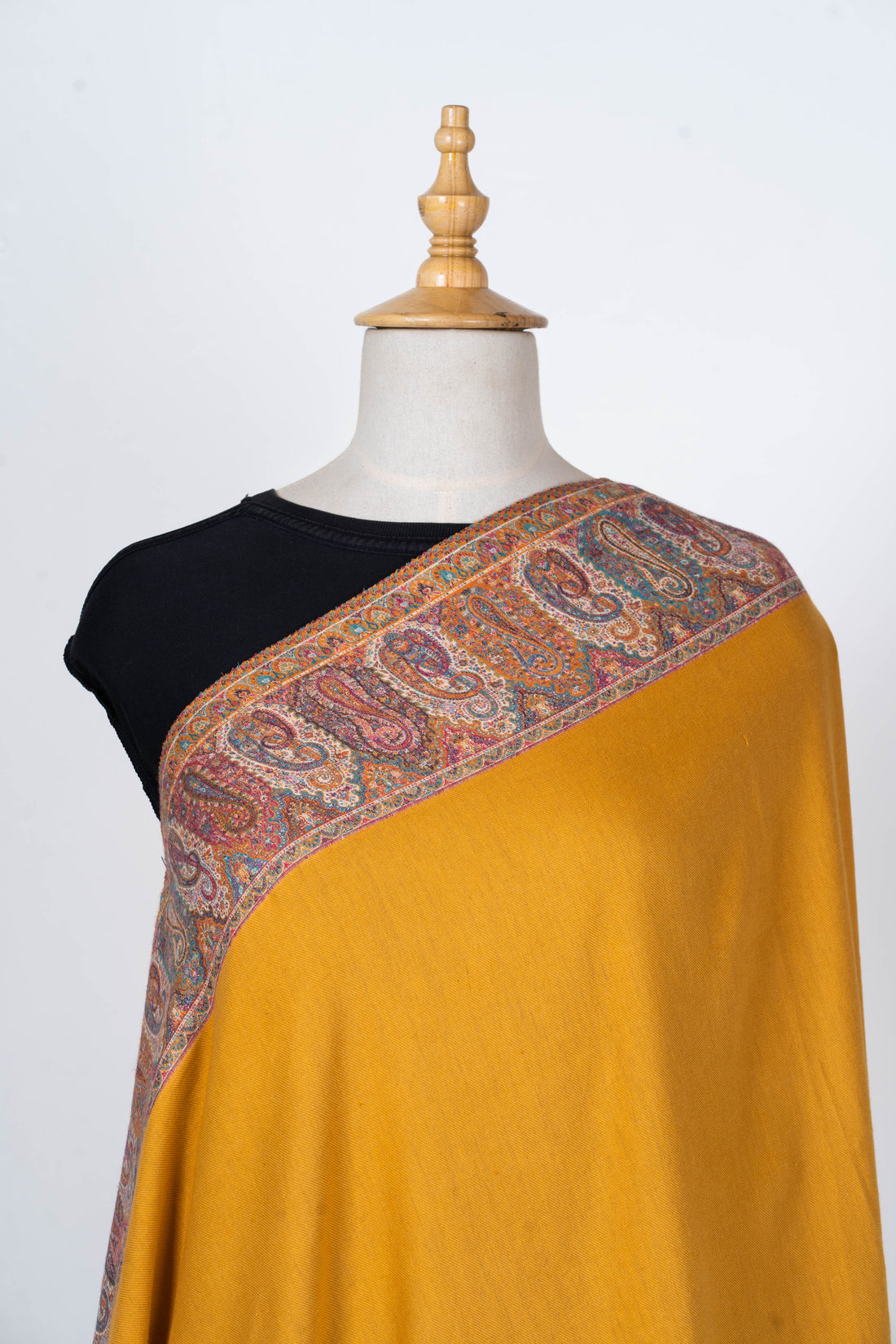 Mustard Wool Shawl with Ornate Paisley Kani Borders