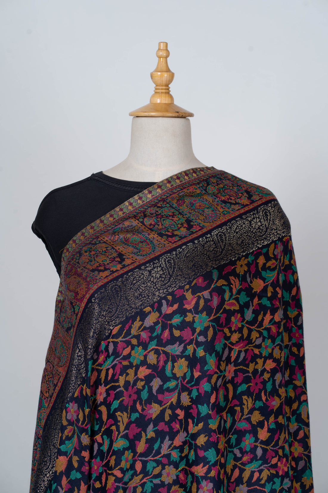 Kani Weave Black Summer Shawl with Vibrant Floral Patterns