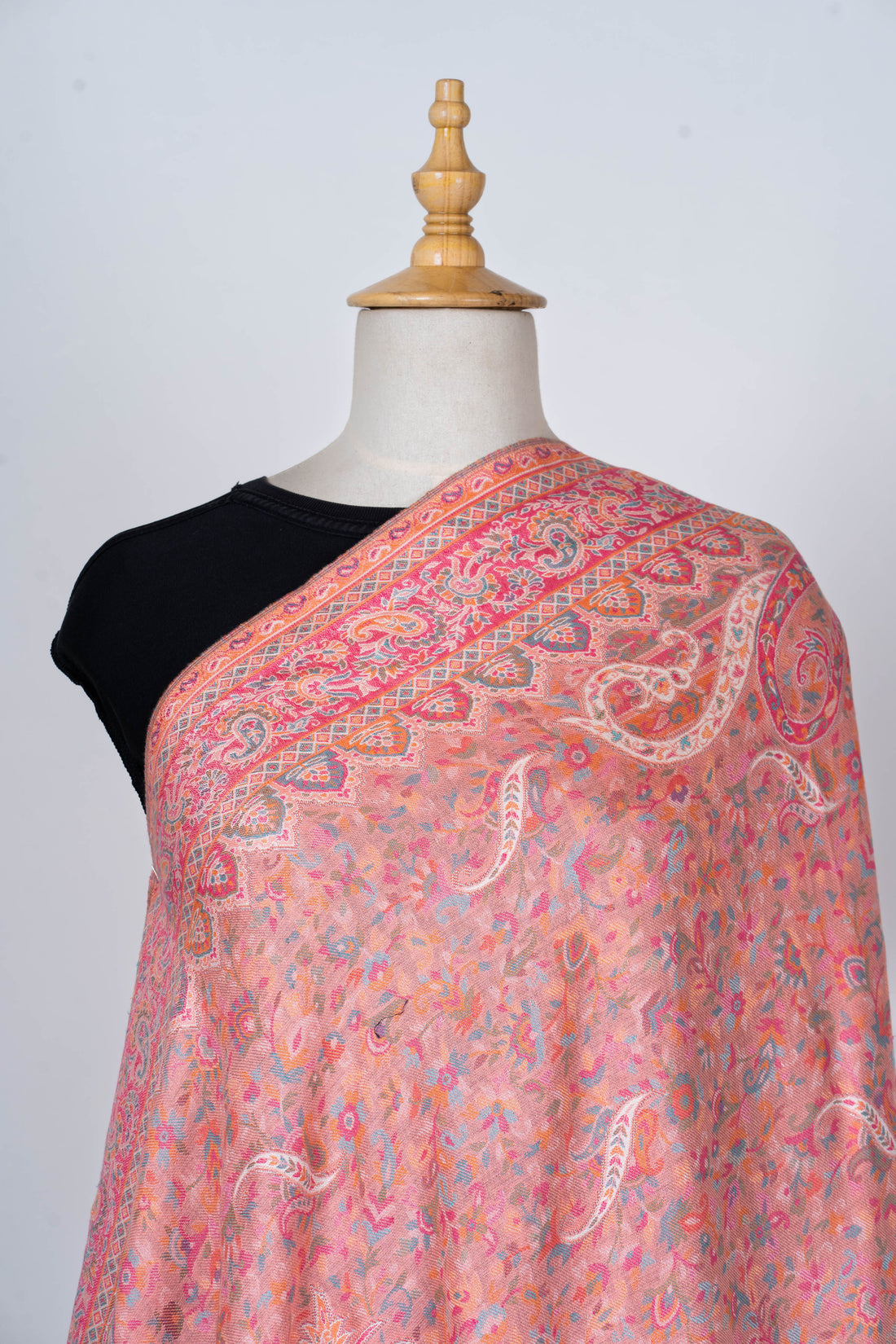 Blush Pink Wool Kani Shawl with Delicate Paisley Design