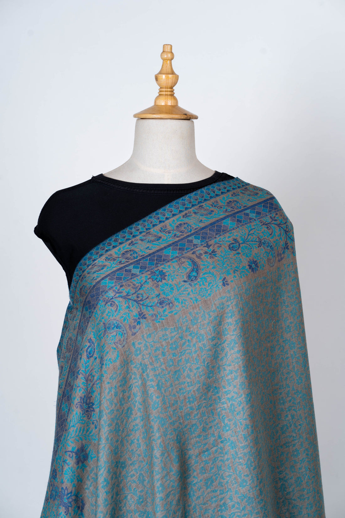 Teal and Beige Wool Dupatta with Heritage-Inspired Patterns