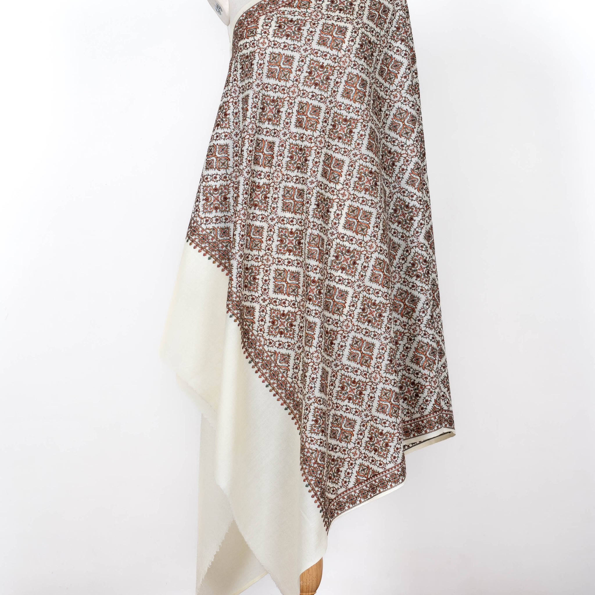 Geometric Harmony Wool Shawl in Ivory and Earthy Tones