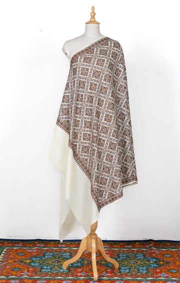 Geometric Harmony Wool Shawl in Ivory and Earthy Tones