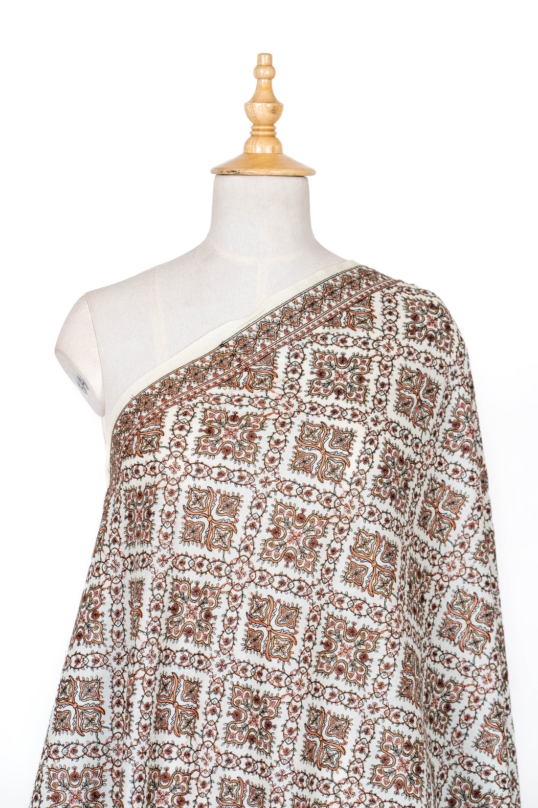 Geometric Harmony Wool Shawl in Ivory and Earthy Tones