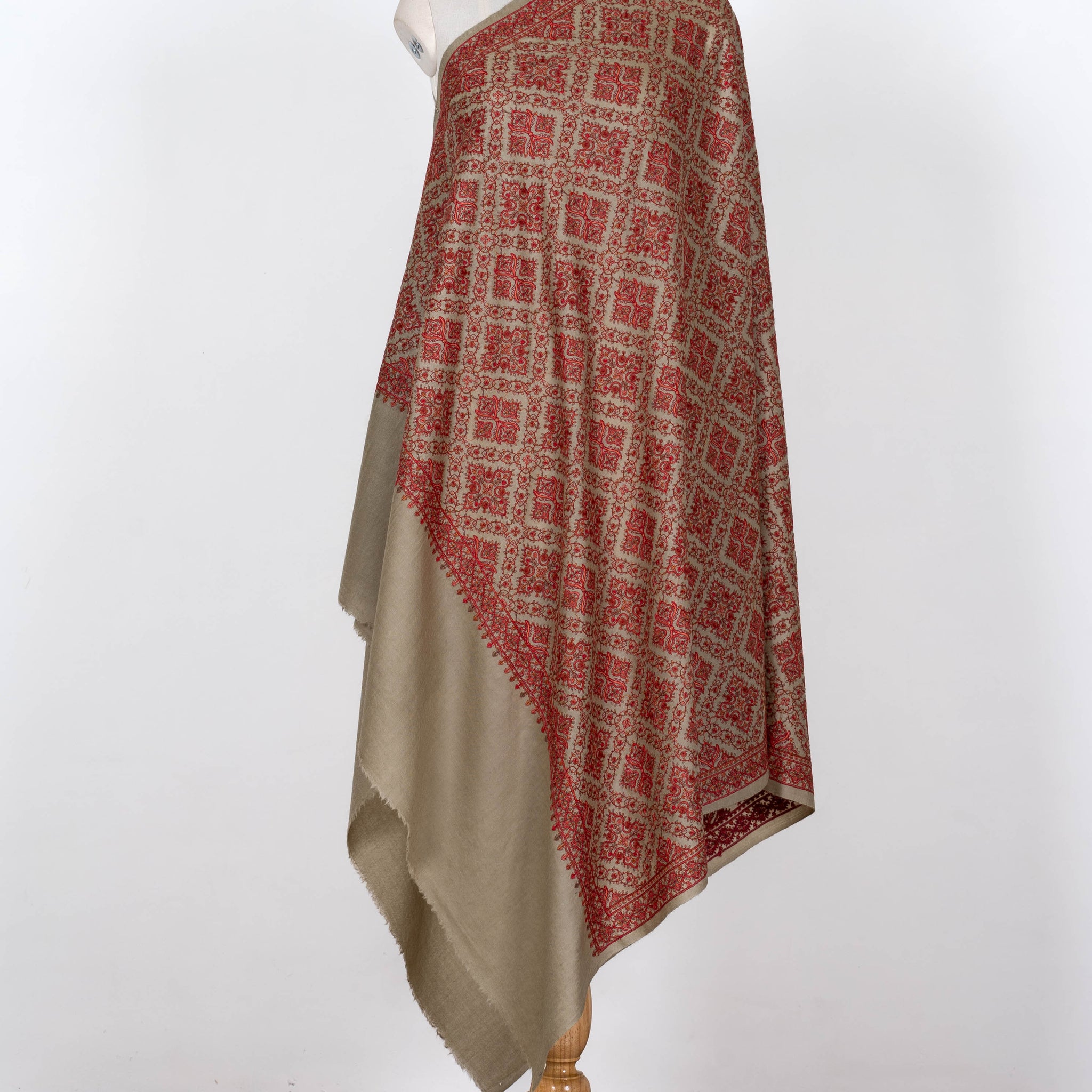 Earthy Red Wool Shawl with Intricate Geometric Motifs