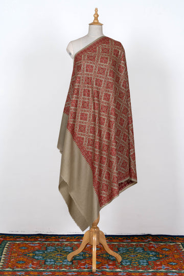 Earthy Red Wool Shawl with Intricate Geometric Motifs