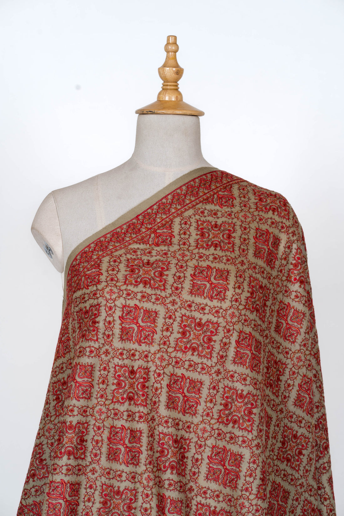 Earthy Red Wool Shawl with Intricate Geometric Motifs