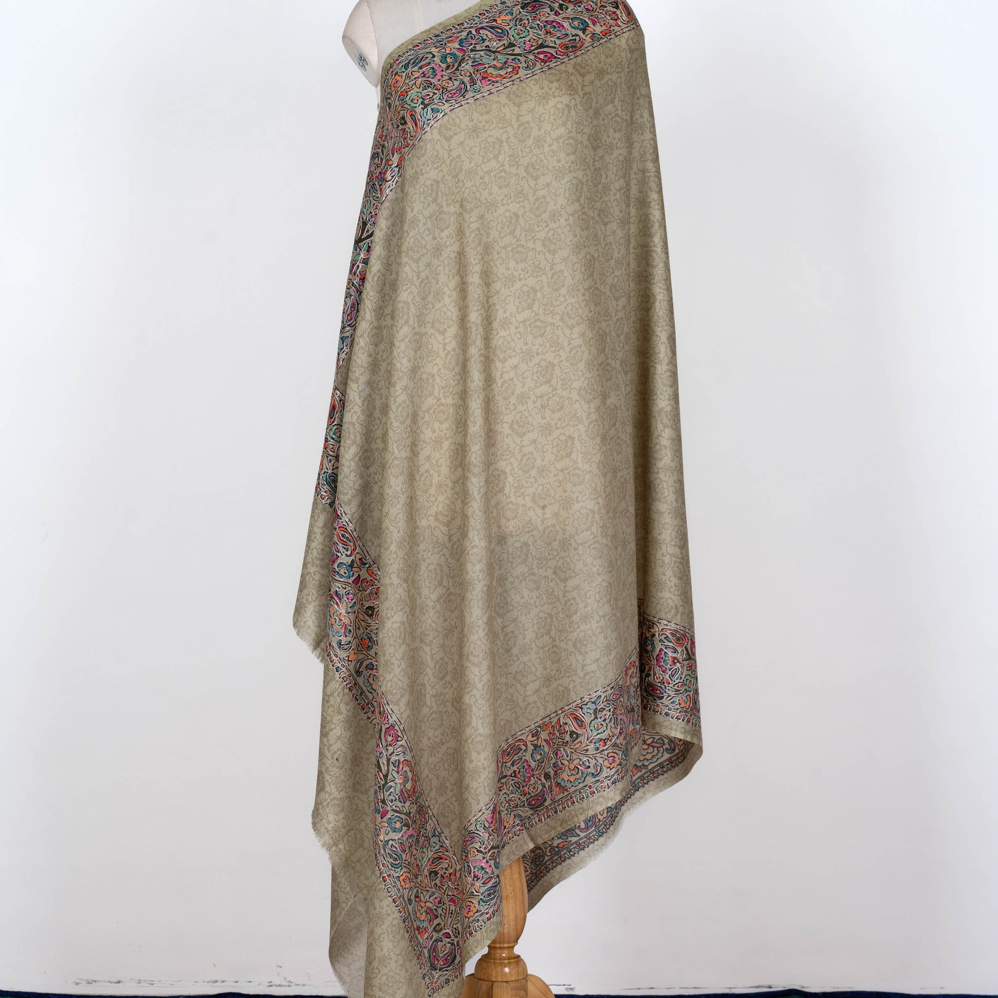 Subtle Olive Wool Shawl with Timeless Floral Borders