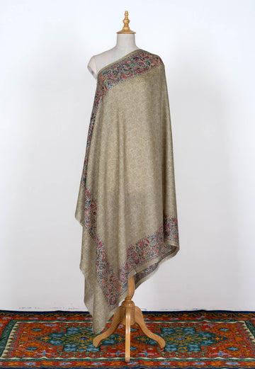 Subtle Olive Wool Shawl with Timeless Floral Borders