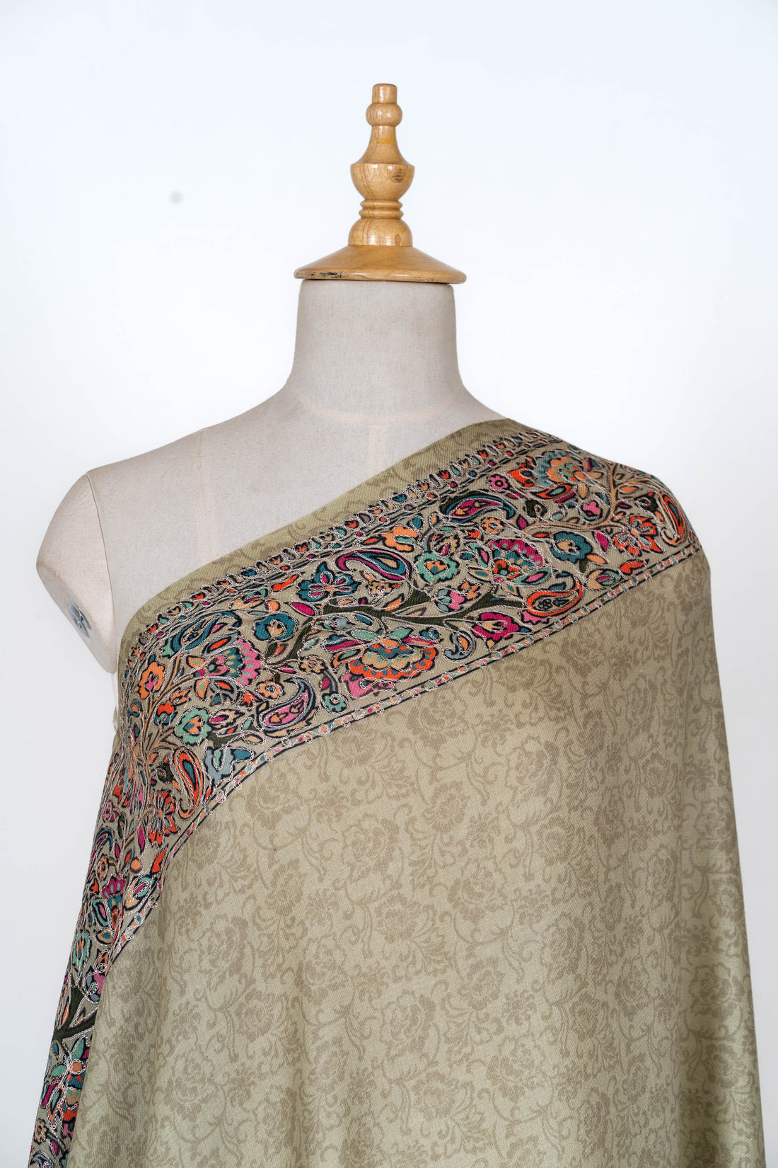 Subtle Olive Wool Shawl with Timeless Floral Borders