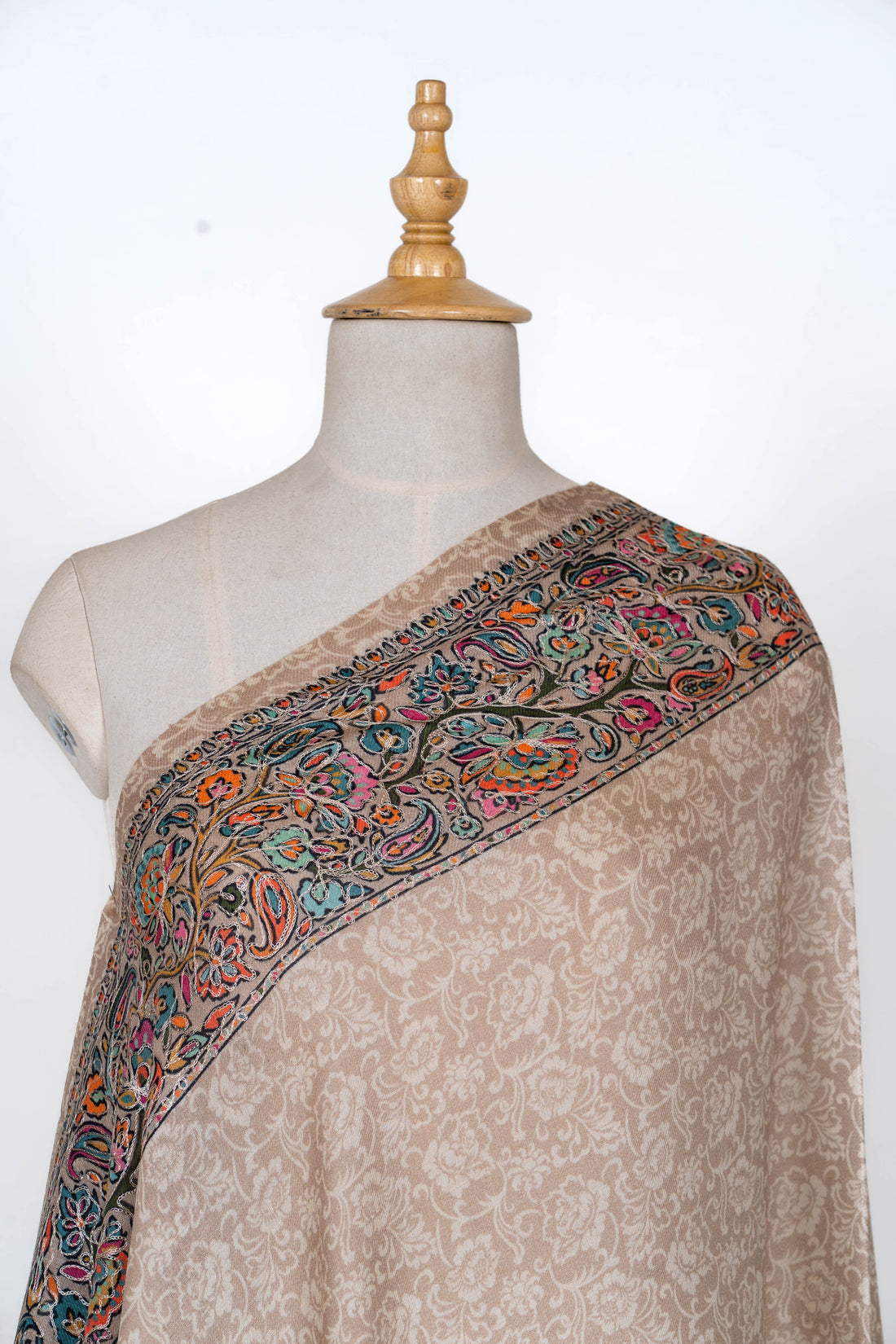 Sandstone Wool Shawl with Delicate Floral Patterns