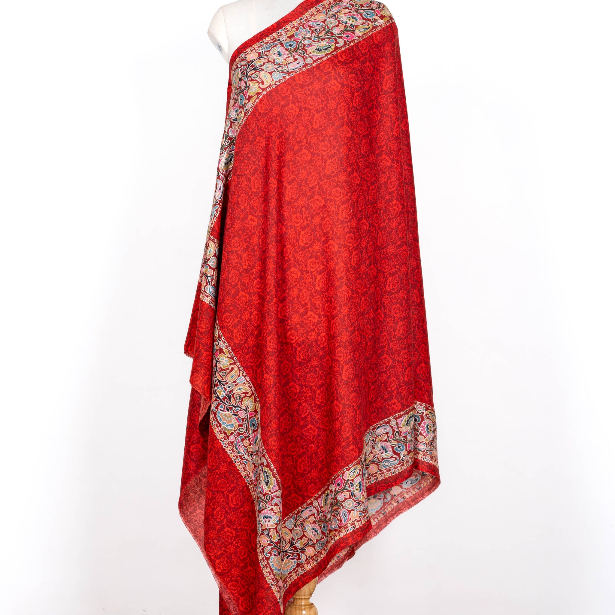 Crimson Glow Wool Shawl with Ornate Border Detailing