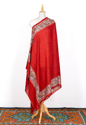 Crimson Glow Wool Shawl with Ornate Border Detailing