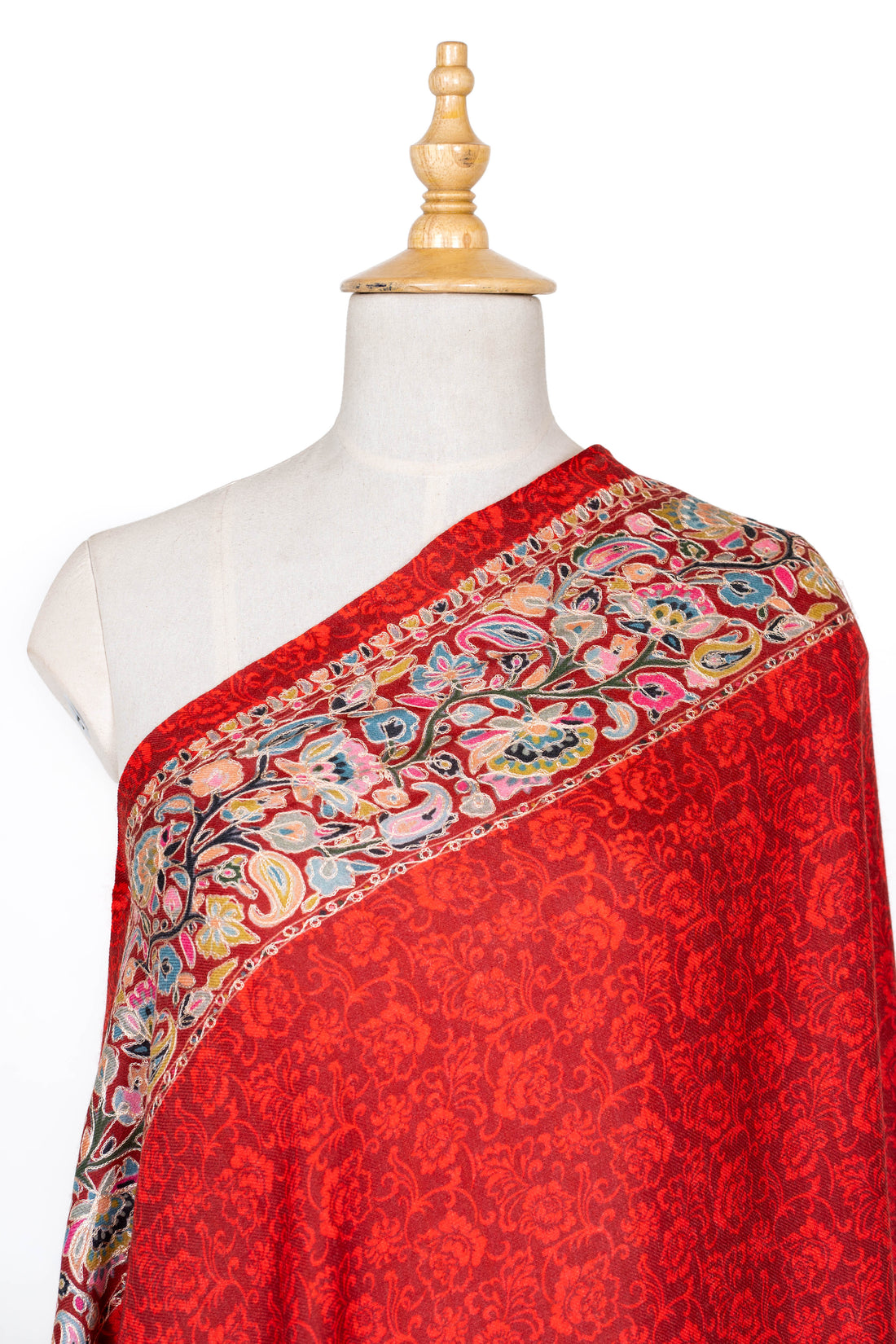 Crimson Glow Wool Shawl with Ornate Border Detailing