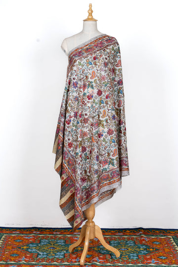 Ivory Blossom Wool Shawl with Vibrant Floral Motifs